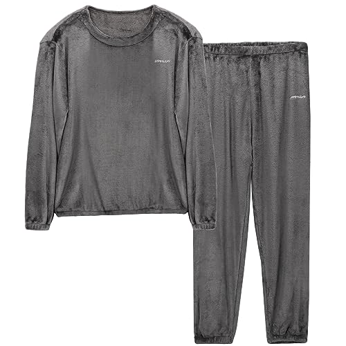 LACOFIA Herren Schlafanzüge Warme Polar Fleece Pyjama Set Winter Langarm Hausanzug Paar Nachtwäsche Mit Lange Oberteile Und Hosen Für Männer Grau XL von LACOFIA