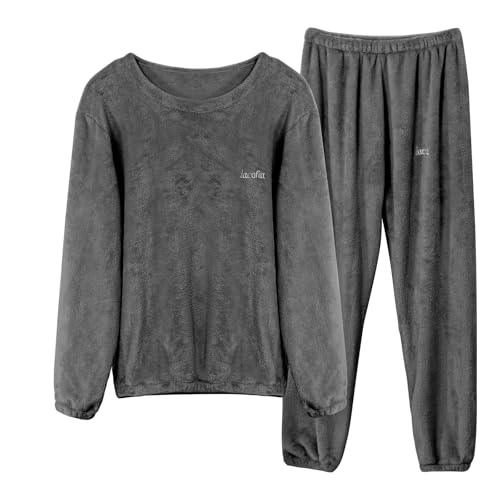 LACOFIA Herren Schlafanzüge Warme Polar Fleece Pyjama Set Winter Langarm Hausanzug Paar Nachtwäsche Mit Lange Oberteile Und Hosen Für Männer Grau XL von LACOFIA