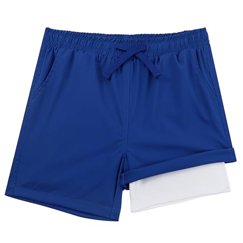 LACOFIA Jungen Badeshorts 2 in 1 Kinder Badehose mit Kompression Liner Schwimmhose mit Elastischer Taille Kinder Sommer Strand Shorts Schnelltrocknend Blau 7/8 Jahre 122/128 von LACOFIA