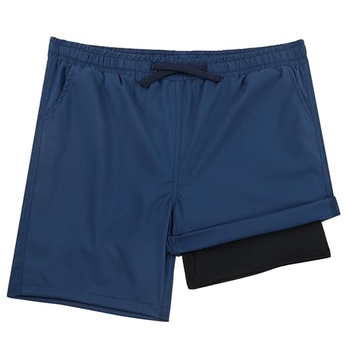 LACOFIA Jungen Badeshorts 2 in 1 Kinder Badehose mit Kompression Liner Schwimmhose mit Elastischer Taille Kinder Sommer Strand Shorts Schnelltrocknend Marineblau 10/12 Jahre 140/152 von LACOFIA