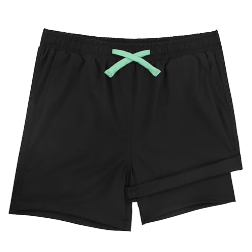 LACOFIA Jungen Badeshorts 2 in 1 Kinder Badehose mit Kompression Liner Schwimmhose mit Elastischer Taille Kinder Sommer Strand Shorts Schnelltrocknend Schwarz 5/6 Jahre 110/116 von LACOFIA