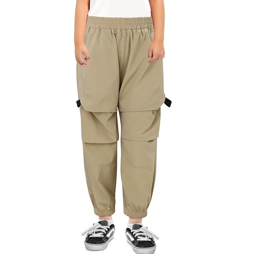 LACOFIA Jungen Cargohose Kinder Arbeitshose Outdoor Jogginghose mit Elastischer Taille Dünn Leicht Sschnelltrocknend Khaki 158-164 von LACOFIA