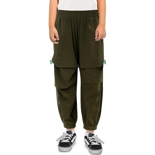 LACOFIA Jungen Cargohose Kinder Arbeitshose Outdoor Jogginghose mit Elastischer Taille Dünn Leicht Sschnelltrocknend Militärgrün 158-164 von LACOFIA