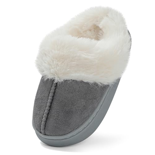 LACOFIA Jungen Mädchen Hausschuhe Kinder Plüsch Pantoffel Winter Warm Haus Schuhe rutschfest Bequeme Slipper Grau 36/37 EU von LACOFIA