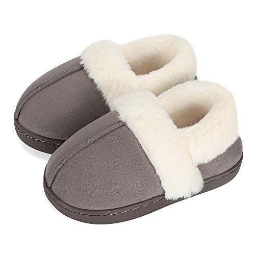 LACOFIA Jungen Memory Foam Hausschuhe Kinder Winter Warme rutschfest Pantoffeln Dunkelgrau 24/25 EU von LACOFIA