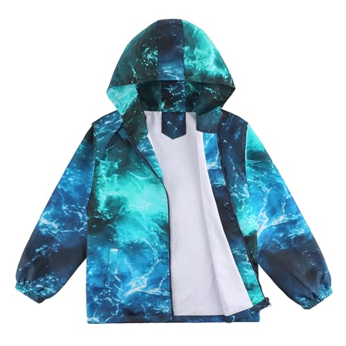 LACOFIA Jungen Wasserdichte Jacke Kinder Wasserabweisend Schule Übergangsjacke mit Kapuze und Gefüttert Leichte Outdoor Regenjacke für Kinder Blaue Welle 146/152 (Etikett 12) von LACOFIA