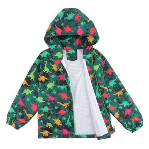 LACOFIA Jungen Wasserdichte Jacke Kinder Wasserabweisend Schule Übergangsjacke mit Kapuze und Gefüttert Leichte Outdoor Regenjacke für Kinder Grüner Dinosaurier 110/116 (Etikett 6) von LACOFIA
