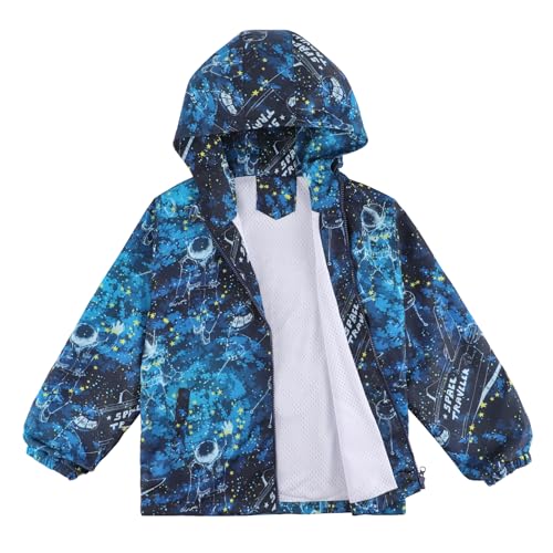 LACOFIA Jungen Wasserdichte Jacke Kinder Wasserabweisend Schule Übergangsjacke mit Kapuze und Gefüttert Leichte Outdoor Regenjacke für Kinder Marineblauer Astronaut 98/104 (Etikett 4) von LACOFIA