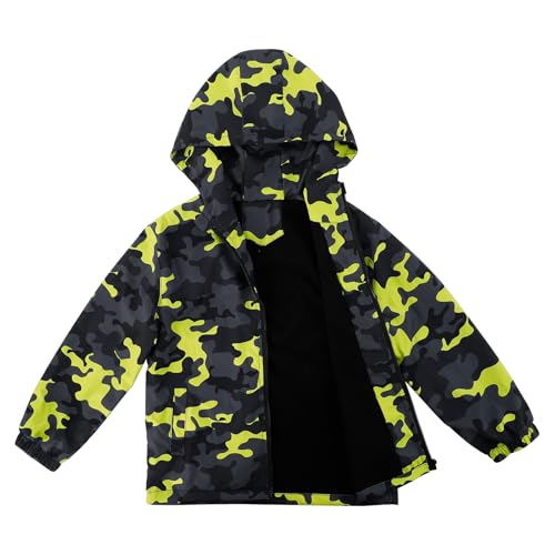 LACOFIA Jungen Wasserdichte Jacke mit Fleece Futter Kinder Wasserabweisend Schule Übergangsjacke mit Kapuze und Gefüttert Regenjacke Herbst/Winter für Kinder Grün Camouflage 122/128 (Etikett 8) von LACOFIA