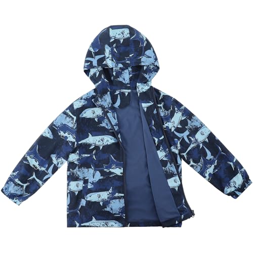 LACOFIA Jungen Wasserdichte Jacke mit Fleece Futter Kinder Wasserabweisend Schule Übergangsjacke mit Kapuze und Gefüttert Regenjacke Herbst/Winter für Kinder Marineblau Hai 122/128 (Etikett 8) von LACOFIA