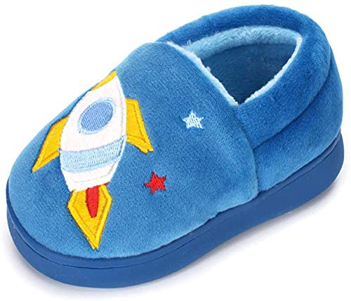 LACOFIA Jungen Winter Hausschuhe Kinder Warm Plüsch Pantoffel Karikatur Haus Winterschuhe, Blau, 26/27 EU (Herstellergröße: 18/19) von LACOFIA