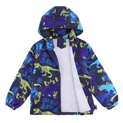 LACOFIA Jungen wasserdichte Jacke Kinder Wasserabweisend Schule Übergangsjacke mit Kapuze und Gefüttert Leichte Outdoor Regenjacke für Kinder Blauer Dinosaurier 146/152 (Etikett 12) von LACOFIA