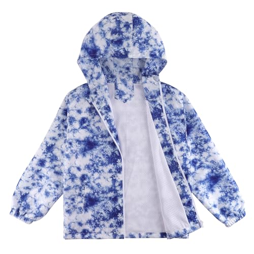 LACOFIA Jungen Wasserdichte Jacke Kinder Wasserabweisend Schule Übergangsjacke mit Kapuze und Gefüttert Leichte Outdoor Regenjacke für Kinder Blauer Druck 98/104 (Etikett 4) von LACOFIA