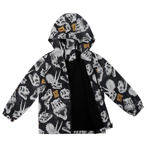 LACOFIA Jungen Wasserdichte Jacke mit Fleece Futter Kinder Wasserabweisend Schule Übergangsjacke mit Kapuze und Gefüttert Regenjacke Herbst/Winter für Kinder Schwarz Dinosaurier 122/128 (Etikett 8) von LACOFIA