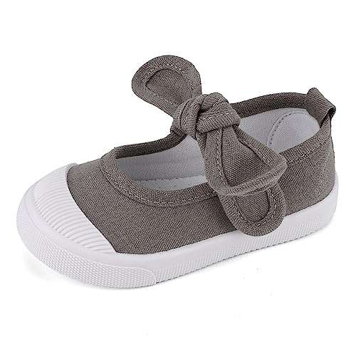 LACOFIA Kinder Canvas Sneakers Bowknot Segeltuchschuhe Mary Jane Schul Schuhe für Mädchen Grau 25 von LACOFIA