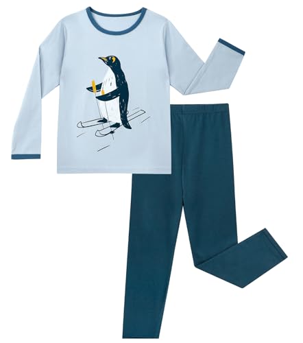 LACOFIA Kinder Jungen Schlafanzug Baumwolle Langarm Pyjama Set Zweiteilig Nachtwäsche Bequem Pjs Mit Lange Oberteile Und Hosen Blau Pinguin 116-122 von LACOFIA