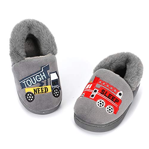 LACOFIA Kinder Jungen Winter Hausschuhe Kleinkinder Warm Plüsch Pantoffel Karikatur Haus Winterschuhe Grau 21/22 von LACOFIA