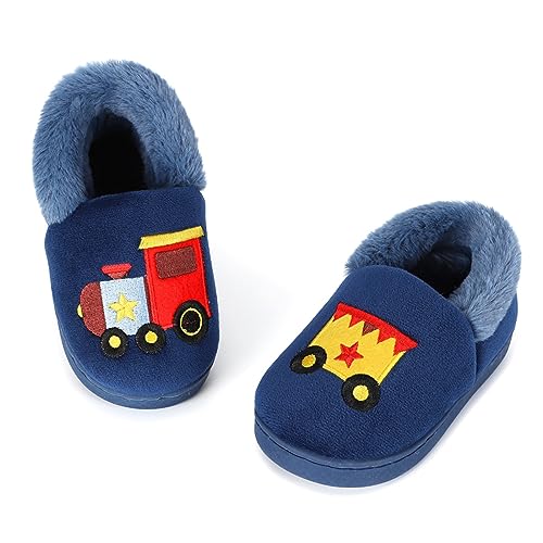 LACOFIA Kinder Jungen Winter Hausschuhe Kleinkinder Warm Plüsch Pantoffel Karikatur Haus Winterschuhe Marineblau 21/22 von LACOFIA