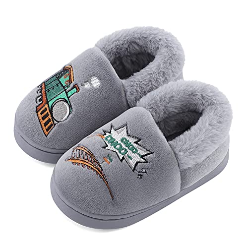 LACOFIA Kinder Jungen Winter Hausschuhe Kleinkinder Warm Plüsch Pantoffel Karikatur Haus Winterschuhe Zug Grau 21/22 von LACOFIA