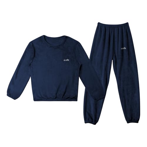 LACOFIA Kinder Jungen Winter Schlafanzüge Warme Polar Fleece Pyjama Set Langarm Hausanzug Nachtwäsche Pjs Mit Lange Oberteile Und Hosen Marineblau 7-8 Jahre/130 von LACOFIA