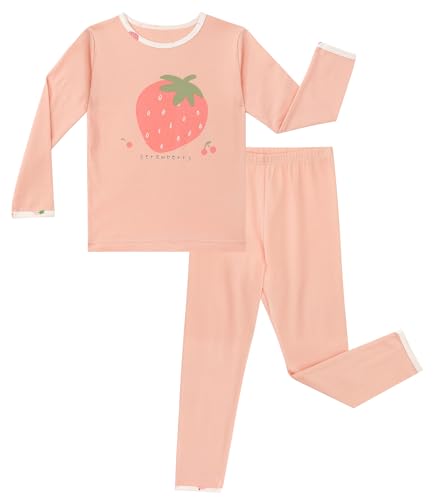 LACOFIA Kinder Mädchen Schlafanzug Baumwolle Langarm Pyjama Set Zweiteilig Nachtwäsche Bequem Pjs Mit Lange Oberteile Und Hosen Rosa Erdbeere 140-146 von LACOFIA