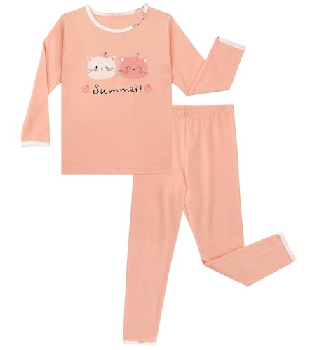 LACOFIA Kinder Mädchen Schlafanzug Baumwolle Langarm Pyjama Set Zweiteilig Nachtwäsche Bequem Pjs Mit Lange Oberteile Und Hosen Rosa Katze 140-146 von LACOFIA