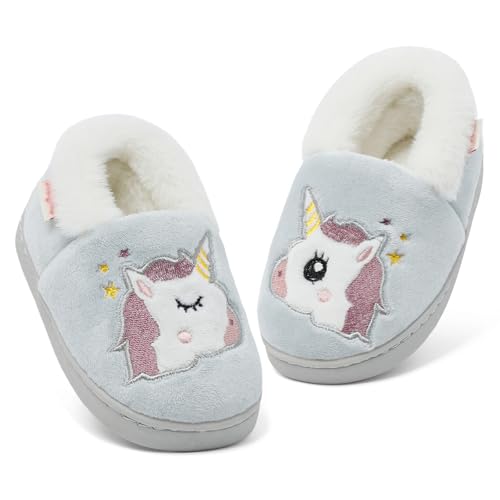 LACOFIA Kinder Mädchen Winter Hausschuhe Kleinkinder Warm Plüsch Pantoffel Karikatur Haus Winterschuhe Grau Einhörner 23/24 EU von LACOFIA