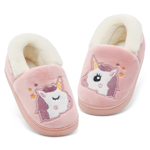 LACOFIA Kinder Mädchen Winter Hausschuhe Kleinkinder Warm Plüsch Pantoffel Karikatur Haus Winterschuhe Rosa Einhörner 29/30 EU von LACOFIA