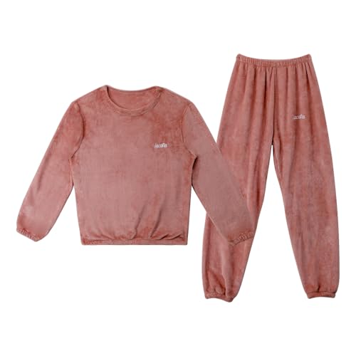 LACOFIA Kinder Mädchen Winter Schlafanzüge Warme Polar Fleece Pyjama Set Langarm Hausanzug Nachtwäsche Pjs Mit Lange Oberteile Und Hosen Dunkel Rot 9-10 Jahre/140 von LACOFIA