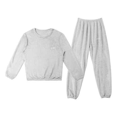 LACOFIA Kinder Winter Schlafanzüge Warme Polar Fleece Pyjama Set Langarm Hausanzug Nachtwäsche Pjs Mit Lange Oberteile Und Hosen Hellgrau 7-8 Jahre/130 von LACOFIA