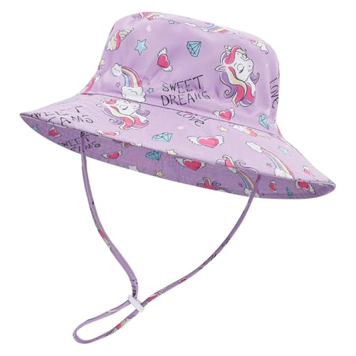LACOFIA Kleinkind Baby Sonnenhut Kinder Mädchen Sommer Mütze UPF 50+ Hut für Strand Schwimmen Schwimmbad Breiter Krempe/Schnell Trocknend Lila Einhörner 3-7 Jahre von LACOFIA