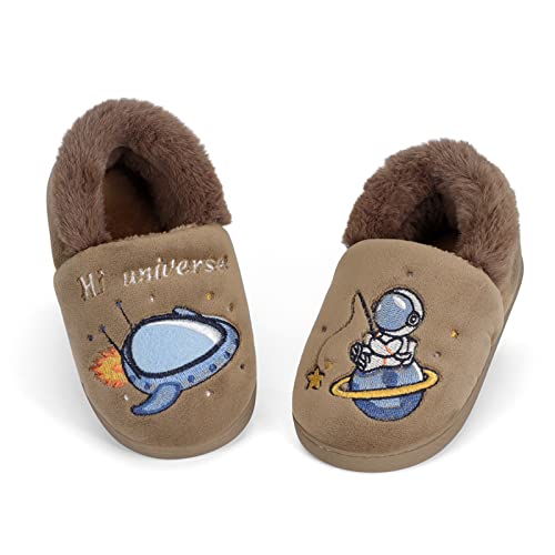 LACOFIA Kleinkind Jungen Mädchen Plüsch Hausschuhe Kinder rutschfeste Weltraum Pantoffeln Winter Warme Schuhe für Drinnen/Draußen Braun 23/24 von LACOFIA