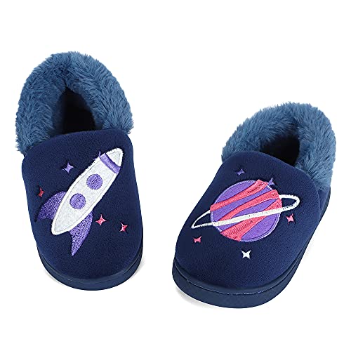 LACOFIA Kleinkind Jungen Mädchen Plüsch Hausschuhe Kinder rutschfeste Weltraum Pantoffeln Winter Warme Schuhe für Drinnen/Draußen Marineblau 21/22 von LACOFIA