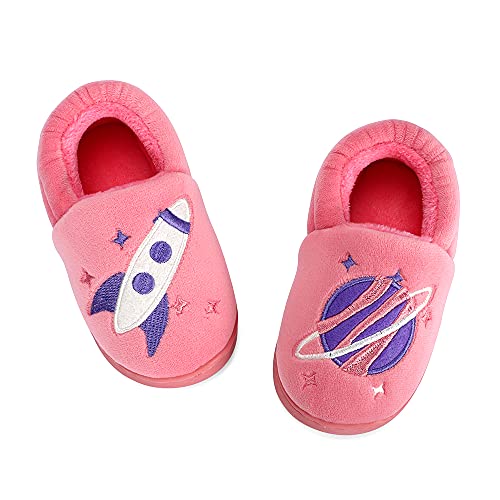 LACOFIA Kleinkind Jungen Mädchen Plüsch Hausschuhe Kinder rutschfeste Weltraum Pantoffeln Winter Warme Schuhe für Drinnen/Draußen Rosa 21/22 von LACOFIA