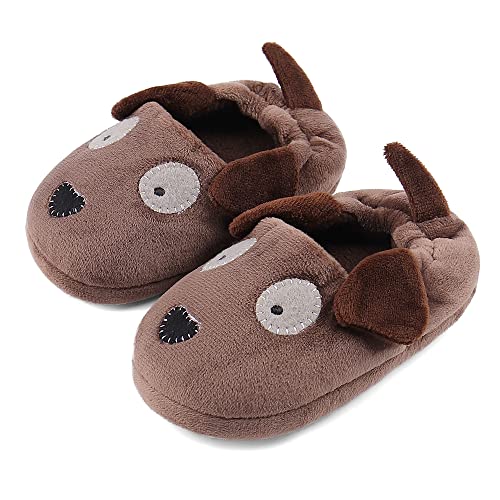 LACOFIA Kleinkind Jungen Mädchen Winter Hausschuhe Kinder Plüsch Tiere Pantoffeln Kinder rutschfeste Warme Hallenschuhe Brauner Hund 24/25 von LACOFIA