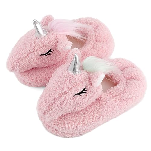 LACOFIA Kleinkind Mädchen Hausschuhe Kind Tier Pantoffeln Winter Plüsch Hausschuhe rutschfeste Einhörner Rosa 26/27 von LACOFIA