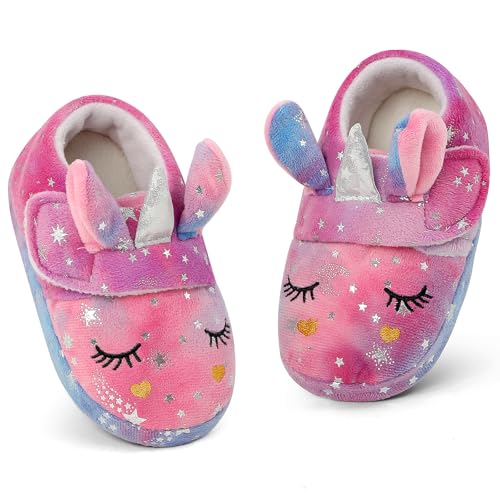 LACOFIA Kleinkind Mädchen Hausschuhe Weiche Kuschelige Kinder Plüsch Pantoffeln rutschfest Winter Schlappen Bunt Einhorn 28/29 von LACOFIA