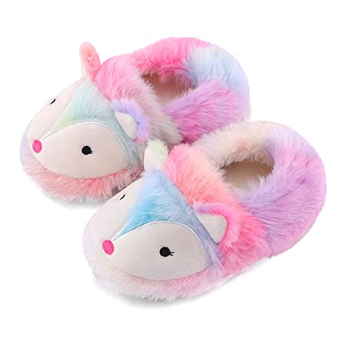 LACOFIA Kleinkind Mädchen Winter Hausschuhe Kinder Plüsch Tiere Pantoffeln Kinder rutschfeste Warme Hallenschuhe Regenbogen Fuchs 22/23 von LACOFIA