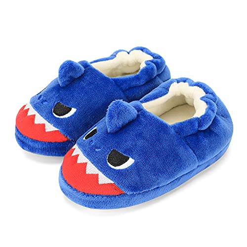 LACOFIA Kleinkind Plüsch Hausschuhe Kinder Jungen Tiere Pantoffeln rutschfeste Hüttenschuhe Slipper Blauer Hai 28/29 von LACOFIA