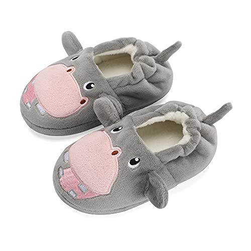 LACOFIA Kleinkind Plüsch Hausschuhe Kinder Mädchen Tiere Pantoffeln rutschfeste Hüttenschuhe Slipper Graues Nilpferd 22/23 von LACOFIA