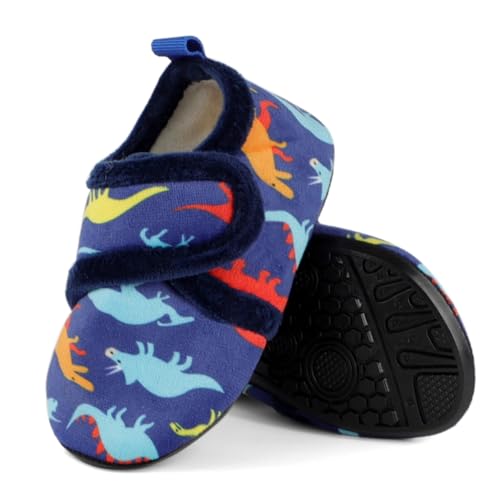 LACOFIA Kleinkind Socken Hausschuhe Kinder Jungen Pantoffel Warm Winter rutschfeste Slippers Dinosaurier Blau 26/27 von LACOFIA