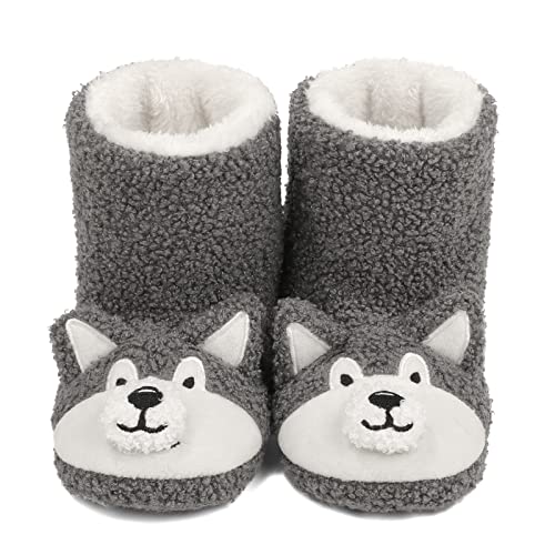 LACOFIA Kleinkind Tier Hausschuhe Kinder Plüsch Stiefel für Mädchen Jungen Winter Pantoffeln rutschfeste Haus Winterstiefel Grauer Hund 26/27 von LACOFIA