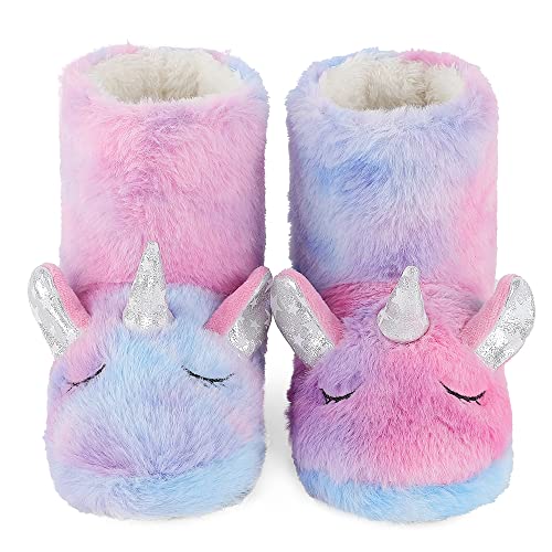 LACOFIA Kleinkind Tier Hausschuhe Kinder Plüsch Stiefel für Mädchen Winter Pantoffeln rutschfeste Haus Winterstiefel Einhorn 26/27 von LACOFIA