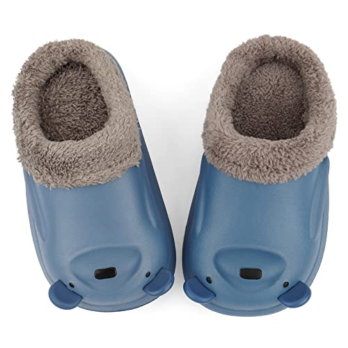 LACOFIA Kleinkind Tier Hausschuhe Pelz Gefütterte Kinder Winter Clogs Jungen wasserdichte Pantoffeln Haus Winterschuhe Bär Marineblau 26/27 von LACOFIA