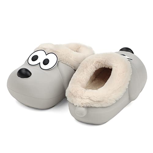 LACOFIA Kleinkind Tier Hausschuhe Pelz Gefütterte Kinder Winter Clogs Jungen wasserdichte Pantoffeln Haus Winterschuhe Hund Grau 30/31 von LACOFIA