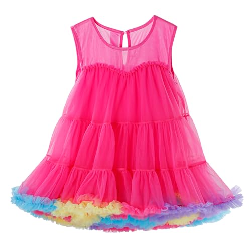 LACOFIA Mädchen Tütü Kleider Kinder Mehrlagiger Tüllkleid Flauschige Prinzessin Sommerkleider Blumenmädchen Kleid Rosarot 3-4 Jahre von LACOFIA