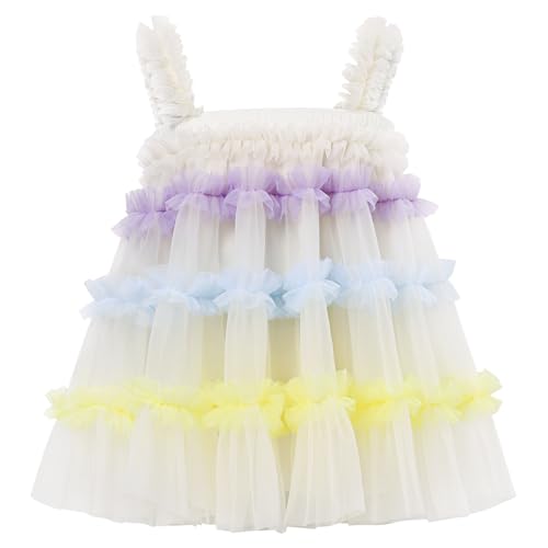 LACOFIA Mädchen Tütü Kleider Kinder Tüllkleid Mehrlagiger Flauschige Prinzessin Sommerkleider Blumenmädchen Kleid Rosa Weiß 4-5 Jahre von LACOFIA