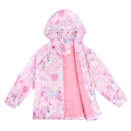 LACOFIA Mädchen Wasserdichte Jacke mit Fleece Futter Kinder Wasserabweisend Schule Übergangsjacke mit Kapuze und Gefüttert Regenjacke Herbst/Früher Winter für Kinder Rosa 122/128 (Etikett 8) von LACOFIA