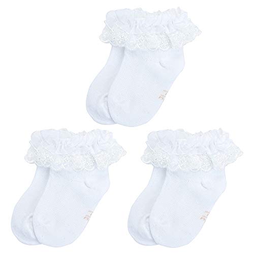 LACOFIA Neugeborene Baby Mädchen Baumwolle Rüschen Spitze Weiße Taufe Socken 3 Paare 0-6 Monate von LACOFIA