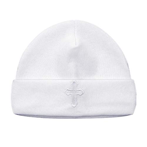 LACOFIA Neugeborene Jungen Mädchen Taufe Hut Unisex Baby Baumwolle Beanie Mütze mit Stickerei Weiß 0-3 Monate von LACOFIA